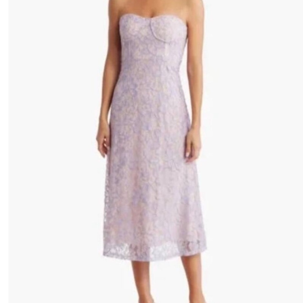 NSR Emma Strapless Lace Sweetheart Neck Midi Dress Blue Pink Size Large